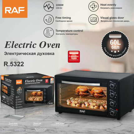 RAF Electric Oven | 60L  Capacity | 2200W Power | Full Function | Visual Glass Door | Temperature Control