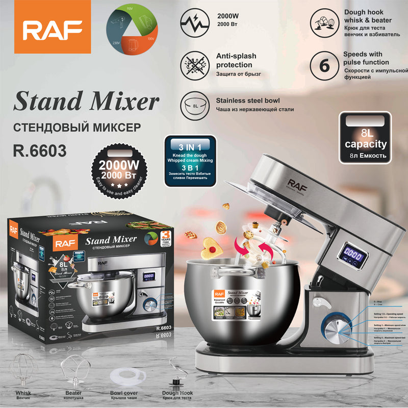 RAF 3-in-1 Stand Mixer | 8L Capacity | Stainless steel bowl | Anti-splash Protection | 6 Speeds with pulse function | Dough hook whisk & beater