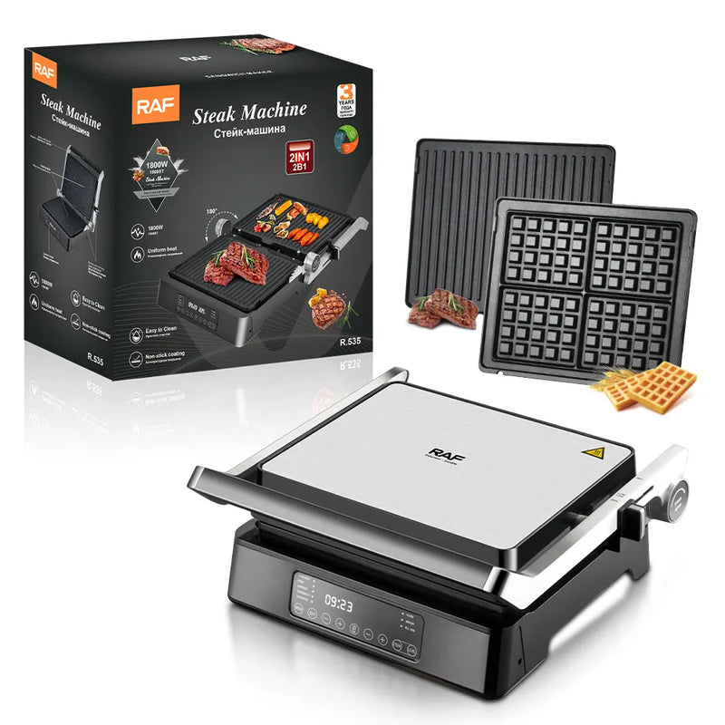 Steak Machine | 1800W | 2 in 1 |  Electric Grill Waffle | Removable Plates | Non-stick Coating | Open 180 Degrees