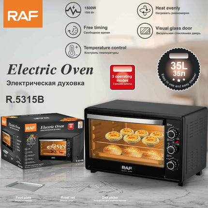 RAF Electric Oven 35L – 1500W, Frosted Black Finish, Iron Knob Controls, Heat-Resistant ABS Handle"