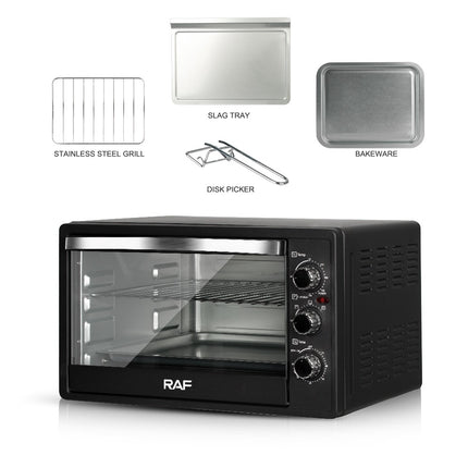 RAF Electric Oven 35L – 1500W, Frosted Black Finish, Iron Knob Controls, Heat-Resistant ABS Handle"