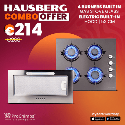 HAUSBERG Combo Offer | 4 BURNERS BUILT IN GAS STOVE GLASS + ELECTRIC BUILT-IN HOOD