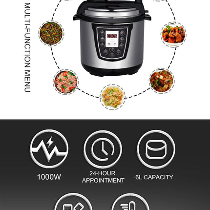 RAF 6L Electric Pressure Cooker with 1000W Power, Multi-Function Menu, 24-Hour Appointment, and Constant Temperature Control