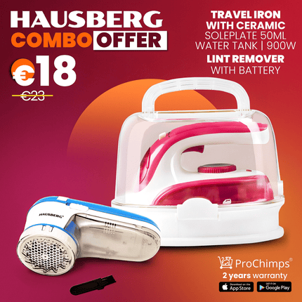 Hausberg Combo Offer | Travel Iron with Ceramic Soleplate +  LINT REMOVER WITH BATTERY