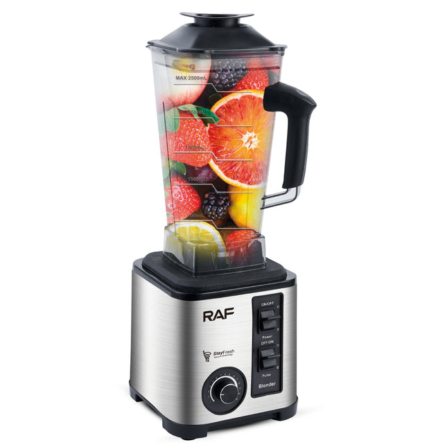 RAF Electric Blender 2.5L - 2400W, 220V, 50-60Hz, PP+ Stainless Steel, 8-Blade Aluminum Plate, 9525 Motor, Speed Adjustment 1-15, VDE Plug