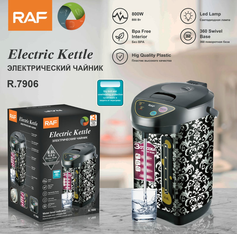RAF Electric Kettle | 6.8L Capacity | 800W | LED Lamp | 360 Swivel Base | Dry Boil & Overheating Protection | BPA-Free Interior