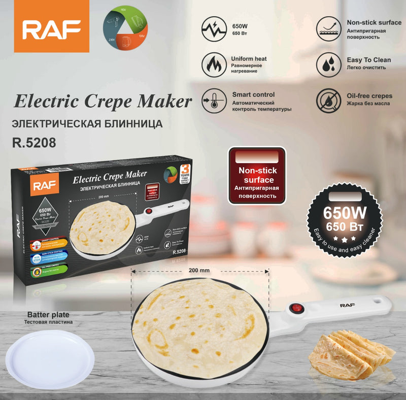 RAF Electric Crepe Maker with 230V Rated Voltage, 650W Power, Temperature Control, and 0.85m Wire Length - Perfect for Homemade Crepes!