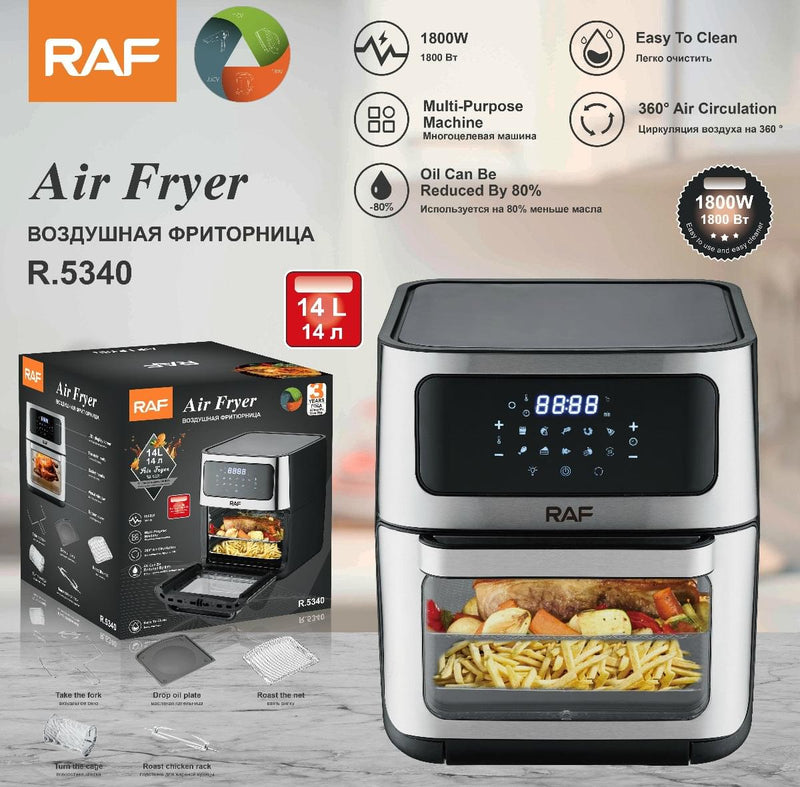 RAF Air Fryer | 14Litre Capacity | 1800W | Nonstick Cookware Coating | 90-Minute Timer | 304 Stainless Steel Heating Pipe