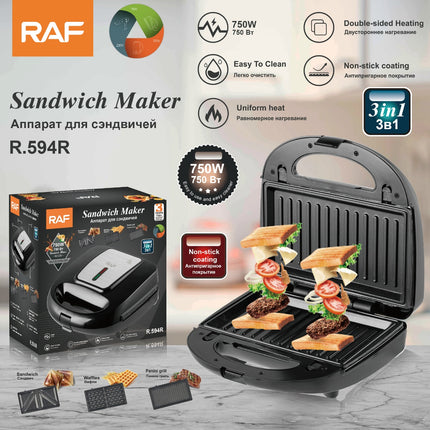 RAF 3-in-1 Sandwich Maker | Double Sided Heating | Non-Stick Coating | uniform Heating | Easy To Clean