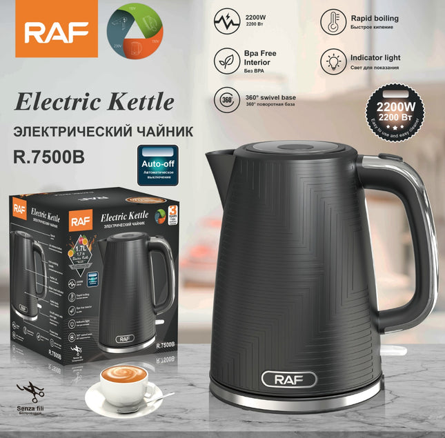 RAF Electric Kettle R7500 – 1.7L High-Power 2200W Stainless Steel Kettle with Dry Burning Protection, Temperature Control, and 70CM Black Power Cable