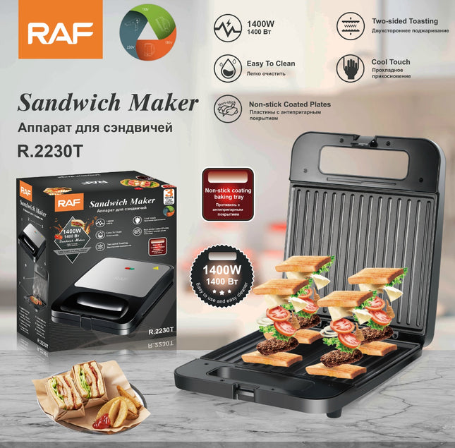 RAF Sandwich Maker | 1400W | Two-sided Toasting | Cool Touch | Non-stick Coated Plates | Easy To Clean