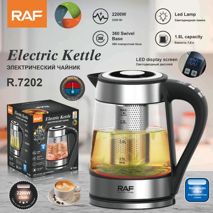 RAF Electric Kettle | 2200W | 1.8L Capacity | LED Display | 360 Swivel Base | Borosilicate Glass