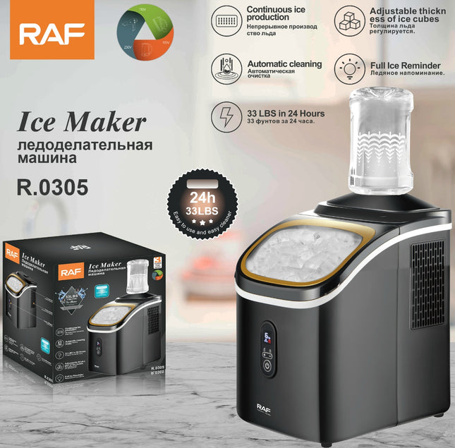 RAF Ice Maker | 1.2L Capacity | Automatic Cleaning | 33 LBS in 24H | Adjustable Thickenes of Ice Cubes | Reminder