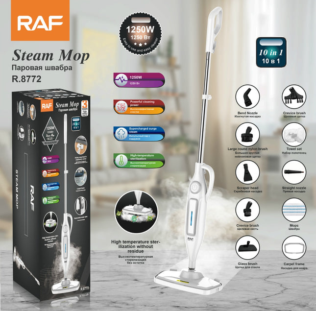RAF 10-IN-1 Steam Mop | 1250W High-Power with HEPA Filter | 330ML Tank | High Temperature Sterilization