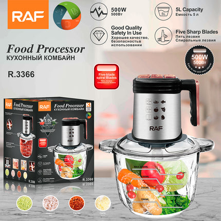 RAF Food processor | 500W | 5L Capacity | 5 Sharp Blades | Good Quality | Safety in use | 3 Years Warannty