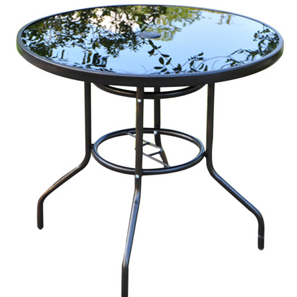 Round Black Patio Table with Tempered Glass & Umbrella Hole