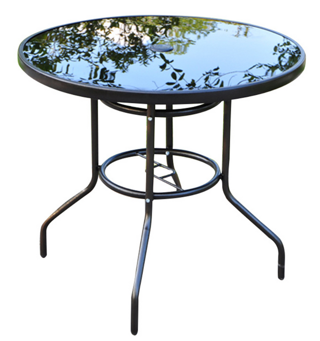 Round Black Patio Table with Tempered Glass & Umbrella Hole