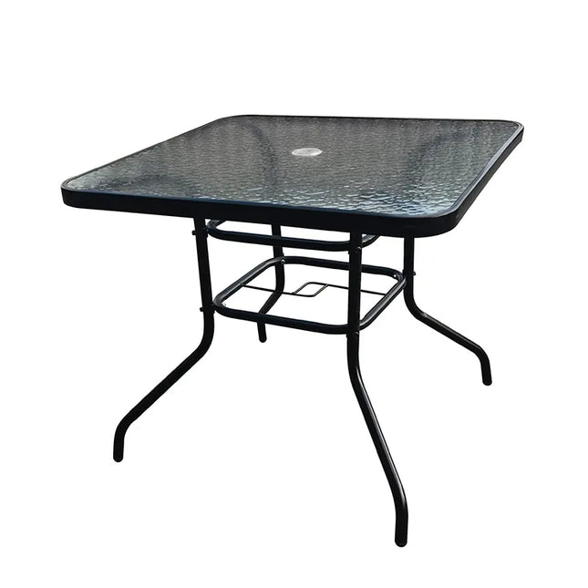 Black Patio Table 80cm with Black Tempered Glass & Umbrella Hole