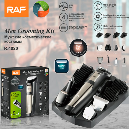 RAF Men Grooming Kit | 13-in-1 | 4 Replaceable Blade Heads | USB Charge Intelligent Operation | Safe Performance