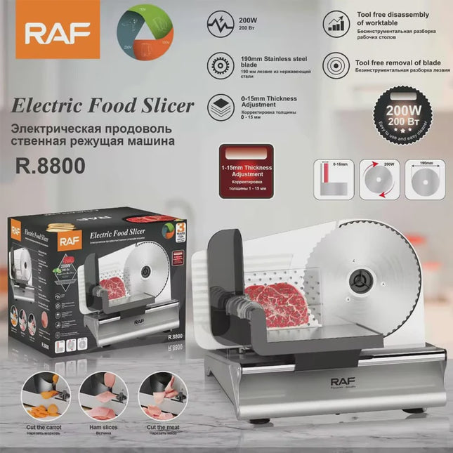 RAF Electric Food Slicer | Stainless Steel Blade | Anti-skid Stand | Tool Free Removal Of Blade