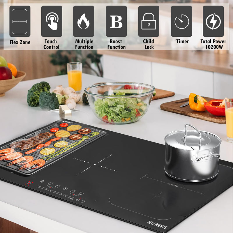 KB ELEMENTS 5 HOBS induction cooker + flex zone with 4mm panel thickness, overheat protection, and 9 power levels