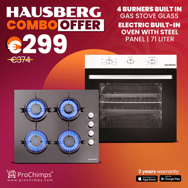 HAUSBERG Combo Offer | ELECTRIC BUILT IN OVEN WITH STEEL PANEL + 4 BURNERS BUILT IN GAS STOVE GLASS