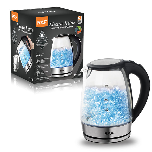 RAF Electric Kettle - 2000W Glass Kettle with 2.0L Capacity, Stainless Steel Decorative Parts, 3X0.75² Power Cord, VDE Plug, and Two-tone Lights