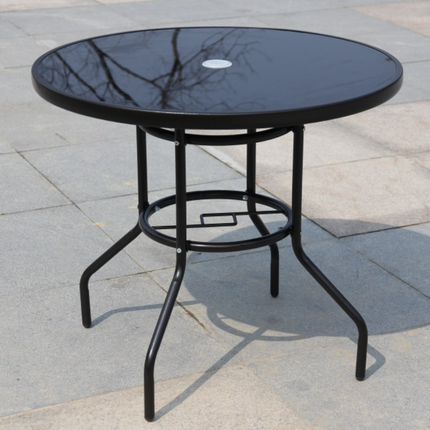Round Black Patio Table with Tempered Glass & Umbrella Hole