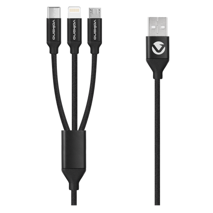 Volkano Weave Series Fabric Braided 3 in 1 (Type-C / Lightning / Micro) Cable 1m - Black