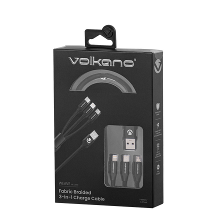 Volkano Weave Series Fabric Braided 3 in 1 (Type-C / Lightning / Micro) Cable 1m - Black