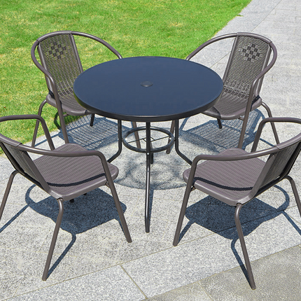 Round Black Patio Table with Tempered Glass & Umbrella Hole