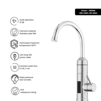 Instant Electric Kitchen Faucet HAUSBERG HB-F5010, 3600W, LED Temperature Display, Sink Mounting, Stainless Steel