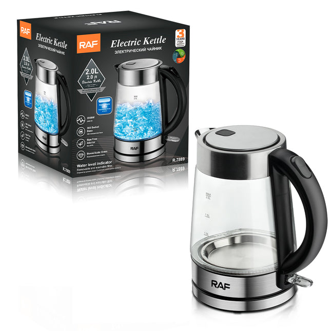 RAF Electric Kettle | 2L Capacity | 2000W | 360° Swivel Base  | Borosilicate Glass | Bpa Free interior