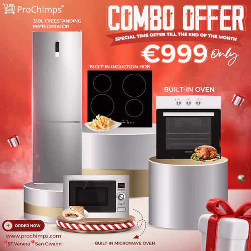 Combo offer Built in induction hob + built in oven + built in microwave oven + free standing refrigerator