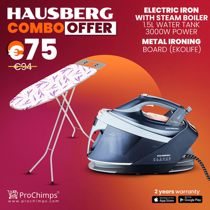 HAUSBERG Combo Offer | ELECTRIC IRON WITH STEAM BOILER + Metal Ironing Board