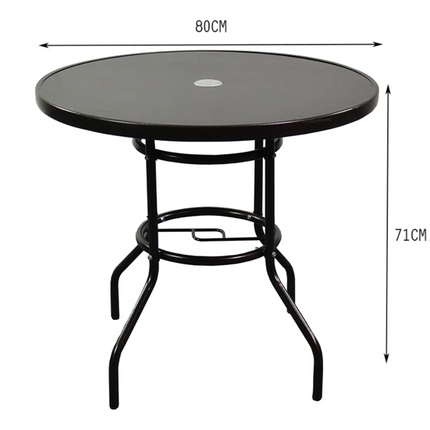 Round Black Patio Table with Tempered Glass & Umbrella Hole