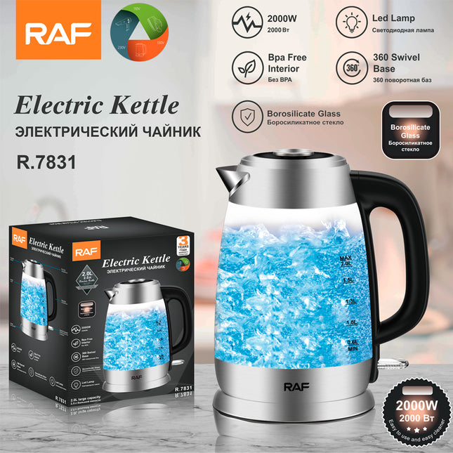 RAF Electric Kettle | 2L Capacity | 2000W | 360° Swivel Base  | Borosilicate Glass | Bpa Free interior | LED lamp