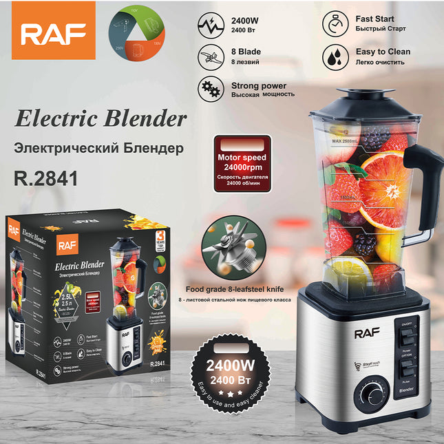 RAF Electric Blender 2.5L - 2400W, 220V, 50-60Hz, PP+ Stainless Steel, 8-Blade Aluminum Plate, 9525 Motor, Speed Adjustment 1-15, VDE Plug