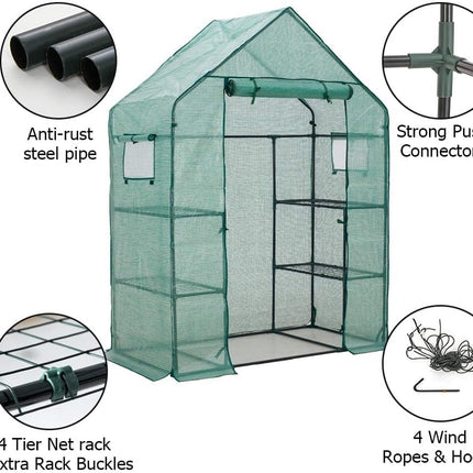 Sturdy PE Covered Walk-in Greenhouse with Flower Stand, Zippered Roll-Up Door, Heavy-Duty Steel Frame, Efficient Ventilation, and Easy Installation