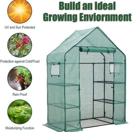 Sturdy PE Covered Walk-in Greenhouse with Flower Stand, Zippered Roll-Up Door, Heavy-Duty Steel Frame, Efficient Ventilation, and Easy Installation