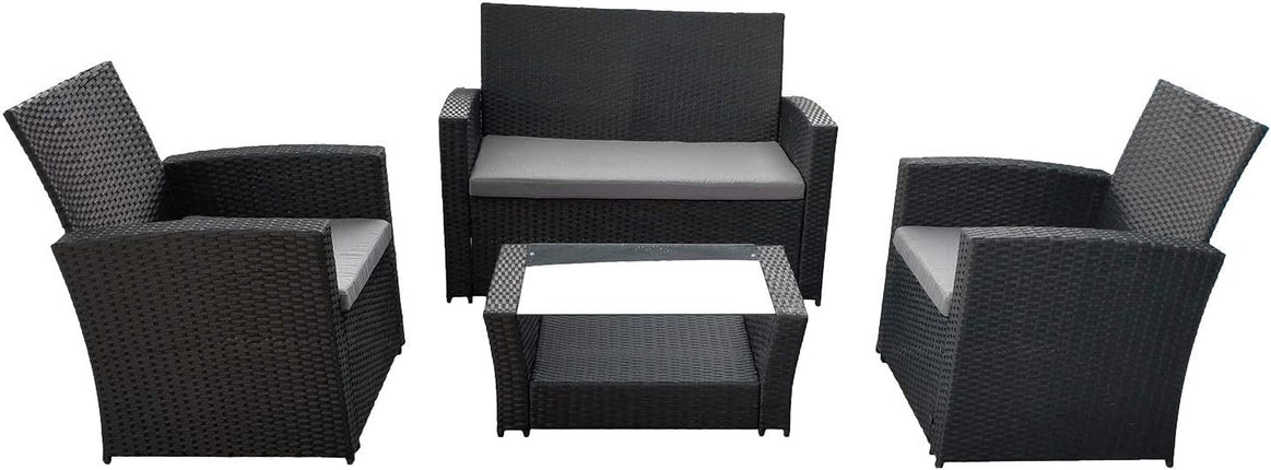 Garden furniture COMINO in black resin weave, 4 seats - grey cushions