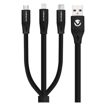 Volkano Slim Series Flat PVC 3 in 1 (Type-C / Lightning / Micro) Cable 1m - Black