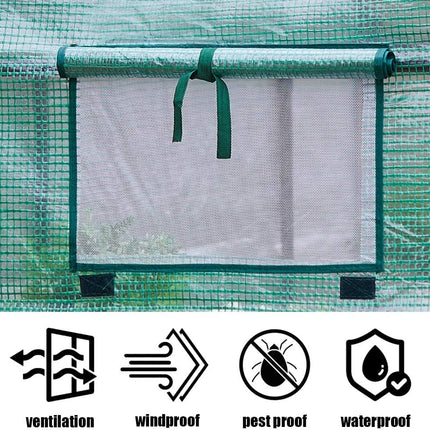 Sturdy PE Covered Walk-in Greenhouse with Flower Stand, Zippered Roll-Up Door, Heavy-Duty Steel Frame, Efficient Ventilation, and Easy Installation