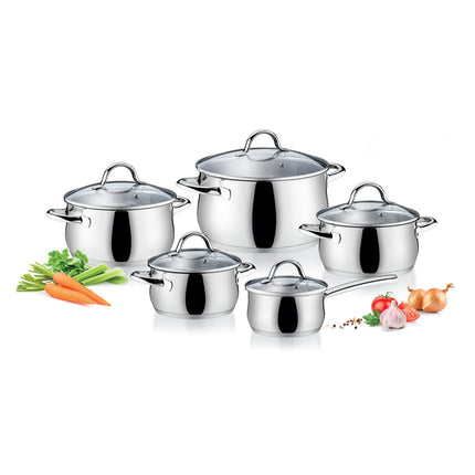 Tescoma VIVA 10-Piece Stainless Steel Cookware Set | Glass/Stainless Steel Covers | Three-Layer Sandwich Bottoms | Dishwasher Safe | 5-Year Warranty