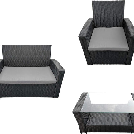 Garden furniture COMINO in black resin weave, 4 seats - grey cushions