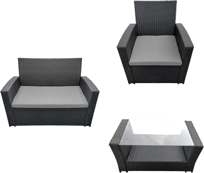 Garden furniture COMINO in black resin weave, 4 seats - grey cushions