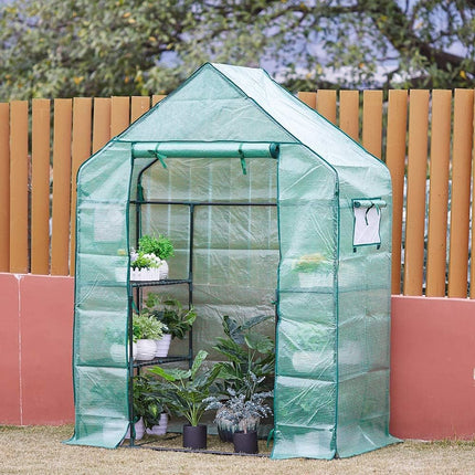 Sturdy PE Covered Walk-in Greenhouse with Flower Stand, Zippered Roll-Up Door, Heavy-Duty Steel Frame, Efficient Ventilation, and Easy Installation