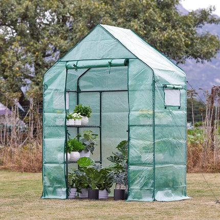 Sturdy PE Covered Walk-in Greenhouse with Flower Stand, Zippered Roll-Up Door, Heavy-Duty Steel Frame, Efficient Ventilation, and Easy Installation