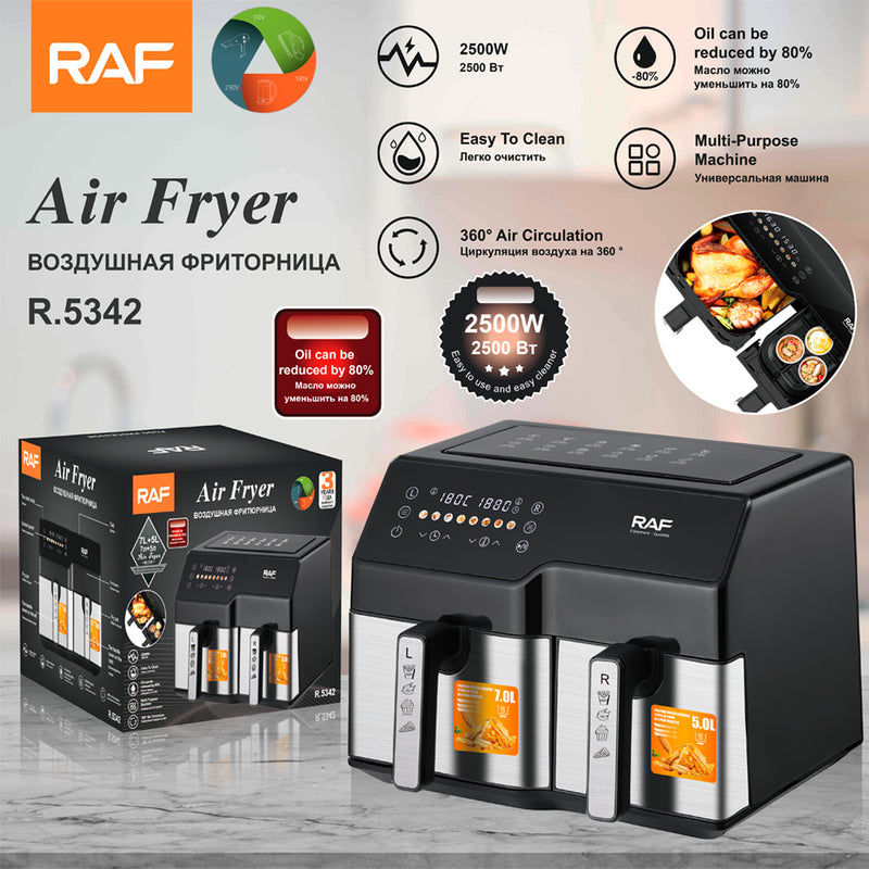 Air Fryer 7L + 5L Capacity | 2500W | Oil can be reduced by 80% | Multi-Purpose Machine | 360 degrees Air Circulation
