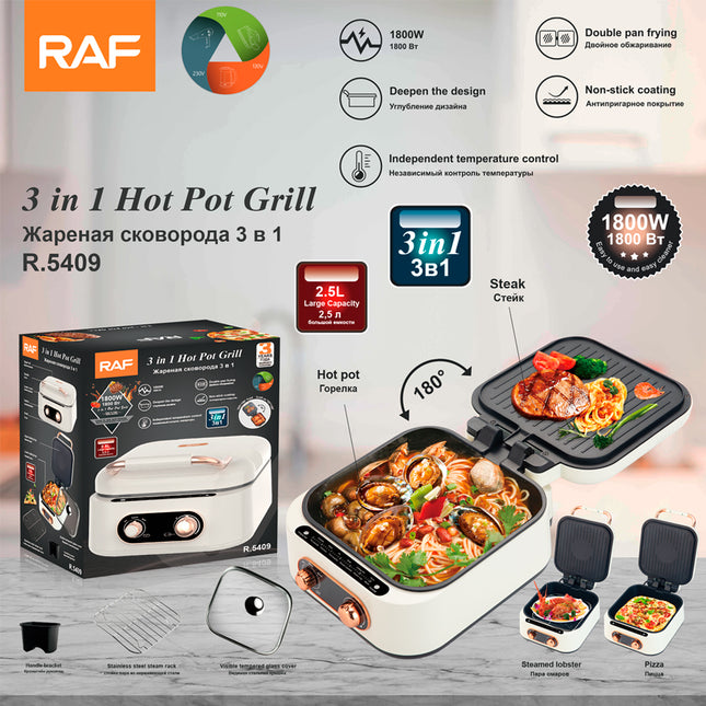 RAF 3-in-1 Hot Pot Grill | 1800W | Double Pan Frying | Deepen The Design | independent temperature control | Nonstick Coating